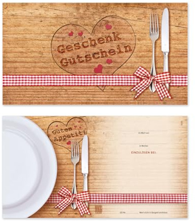 GESCHENKGUTSCHEINcom by POS-HAUER. 10 Gutscheine, blanko zum selber Ausfüllen. Für Gasthaus Gasthof Hotel Gastronomie.