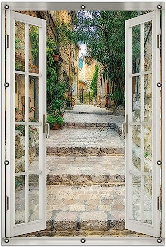 Wallario Outdoor-Poster für Garten oder Balkon Alte steinerne Gasse in Südfrankreich, Motivbanner Größe: ca. 100 x 150 cm mit Fenster-Illusion
