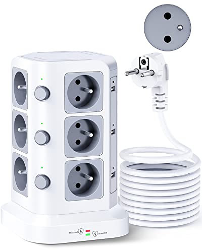 [5M Câble] KOOSLA 12 Prises 2P+T de Type-E (France) Tour Multiprise parafoudre et surtension(4000W/16A), Multiprise Electrique avec 6 Ports USB et 12 Prises, 5M Câble, Blanc