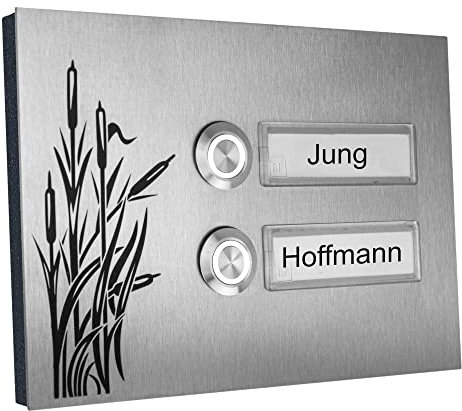 Jung-Edelstahl-Design Zweifamilienhaus Türklingel Turin Motiv Gräser 17x12 cm - V2A Edelstahl - Austauschbare Namensschilder - Aufputz- oder Unterputzvariante wählbar (2-Fach)