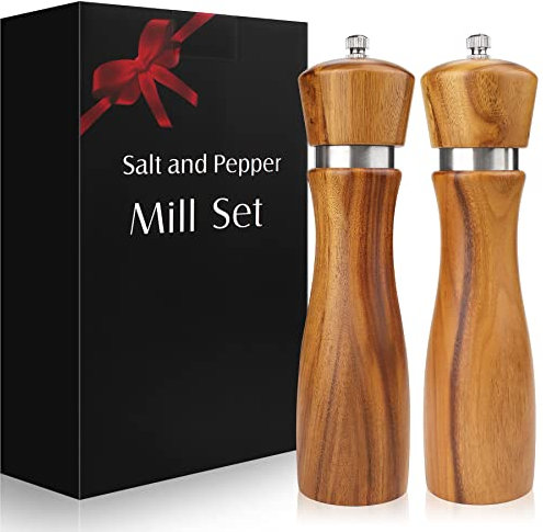 Pepper Grinder, VanlonPro Wooden Pepper Mill Salt Mill, Adjustable Coarseness Peppermill and easily refillable, Ceramic Grinding Mechanism (8 Inch, 2 Pack)