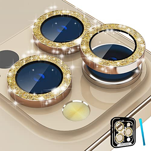 imluckies Glitter Kamera Linse Schutzfolie für iPhone 14 Pro/iPhone 14 Pro Max Kameraschutz, HD Gehärtetes Glas Diamanten Individuell Metallring, 9H Härte Anti-Kratz Camera Protection, Gold