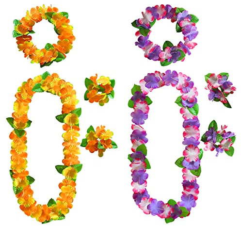 KEYIDO Set di collane hawaiane con fiori hawaiani, gialli, verdi, viola, rosa, hawaiani, fasce e bracciali, ghirlande di fiori con foglie verdi, decorazioni per feste in maschera e spiaggia,