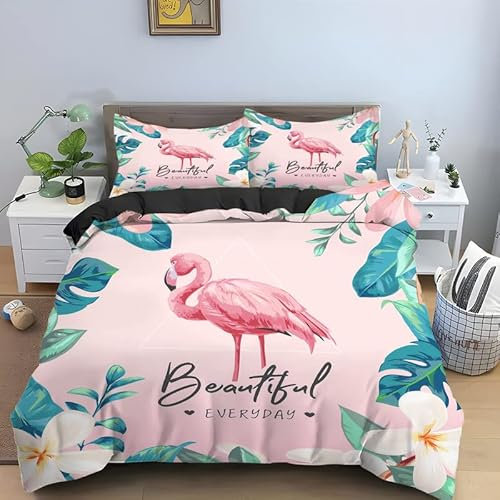 LANGQUN Housse de Couette 240 X 260 Flamant Rose Microfibre Parure de Lit avec Housse de Couette Et 2 Taies d'oreiller 65x65cm - Impression en 3D Douce et Confortable