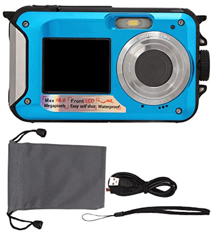 Waterproof Digital Camera, 10ft Full HD 2.7K 48MP 16X Digital Zoom Selfie Dual Screen Full Color LCD Displays Waterproof Camera for Snorkeling, Surfing, Swimming(blue)