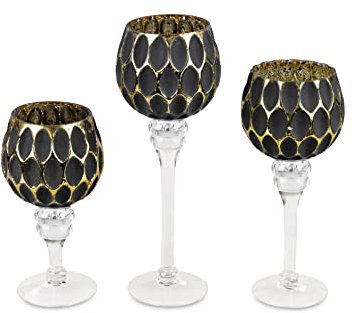 3tlg. Glaskelch Windlicht Set H20/25/30cm Schwarz-Gold Kelch auf Fuß Kerzenhalter Kerzenständer Kerzenleuchter
