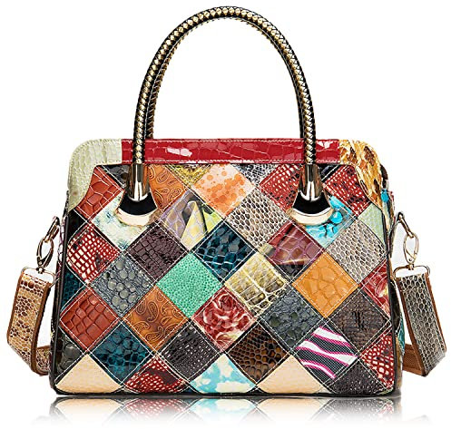 Karoukee Damen Leder Handtasche, Retro Patchwork Henkeltasche, Mode Tote Bag, Einzigartige Schultertasche Umhängetasche Crossbody Bag for Frauen