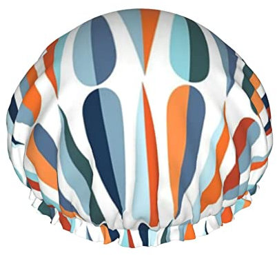 Mid Century Modern Retro With Drop Shapes Print Duschhaube Für Frauen Wiederverwendbare Doppelschicht Stoff Duschkappen Mädchen Haarkappen