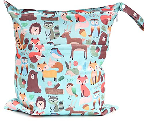 Colexy Windeltaschen Wickeltasche Nasstaschen Nasse und Trocken Wickeltasche Wetbag mit doppeltem Reißverschluss, Wasserdicht Waschbar Wetbag Organiser für Kleinkind Windeln, 30 x 36 cm(Zoo)