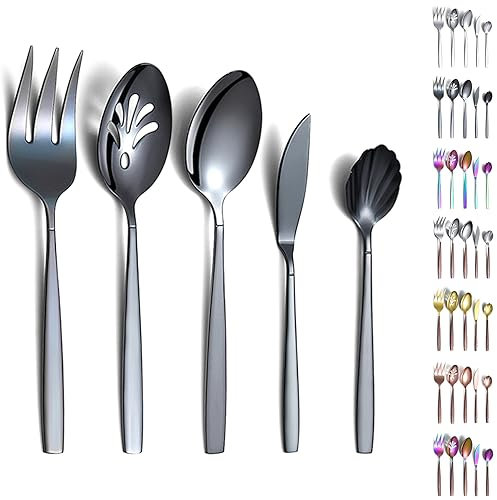 Evanda 5 piezas de cubiertos negros juego de servir, vajilla de acero inoxidable chapado en titanio negro juego de servir, cuchara para servir, cuchara ranurada, tenedor para servir, cuchara de azúcar