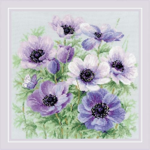 RIOLIS 2176 Lila Anemonen Zählmuster-Kreuzstich-Set 29.8 x 29.8 cm | 14 ct grau Zweigart Aida, 16 Anchor-Baumwolle Farben, Mittelstufe, Stickvorlage & Nadel inklusive, Stick-Geschenkset