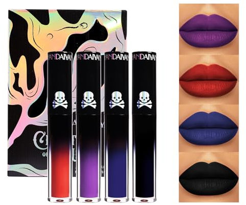 Bekoeen 4 Farben Matte Lippenstift Schwarz, Wasserfester Lipgloss Schwarz Rot,Blauer Lippenstift Wasserfest,Lila Dunkelblau Halloween Cosplay Lippen Make-up,Non-stick Cup