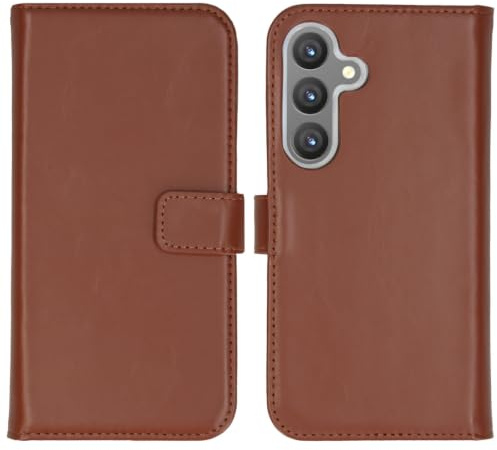 SELENCIA Bookcase Hülle kompatibel mit Samsung Galaxy S24 – Era Leder Handytasche Side Flip Case – Handyhülle aus Rindsleder in Hellbraun [3 Kartenfächer, Magnetverschluss]