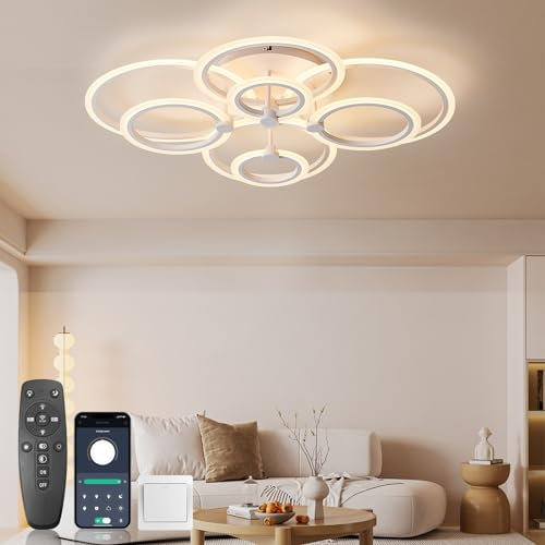 KSIBNW Deckenlampe Dimmbar Modern mit Fernbedienung & APP-Steuerung, LED Deckenleuchte Esstisch Schlafzimmer 90W Deckenlampe LED Deckenleuchte 8 Ring Acryl Weiß Deckenlampe Wohnzimmer 2700K-6500K