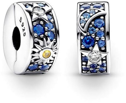 TOFBS 2 Pièces Charms Femme Breloque Soleil Lune Étoile Argent Sterling 925 Cubique Zircone Clip Charm Compatible Breloque Pendentif Perles Bijoux Cadeaux Anniversaire Mères Sœur (Bleu)