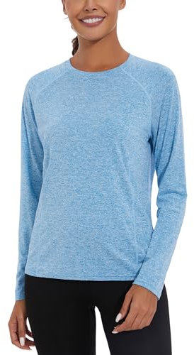 Migcaput Shirt Damen Langarm Sport Laufshirts Sportshirt Fitness Leichtes Yoga Activewear Atmungsaktiv Schnelltrocknendes Gym Shortsleeve Rundhalsausschnitt Oberteile Himmelblau XL
