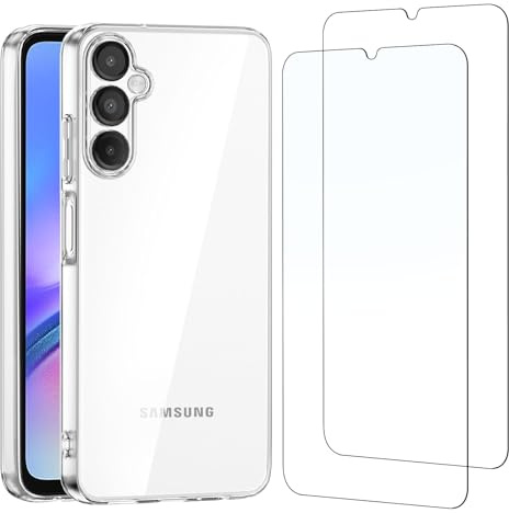 NEW'C Coque pour Samsung Galaxy A05s avec Verre Trempé Protection Écran | Coque Transparent + 2x verres trempés, 6,7 pouces, Vitre protection écran, TPU Silicone souple, Fin, Anti-rayures, Antichoc