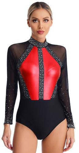 FEESHOW Damen Turnanzug Langarm Glitzer Mesh Gymnastik Trikot Tanz Ballett Leotard mit Strass Eislaufen Tanzkleidung Body Rot_A S
