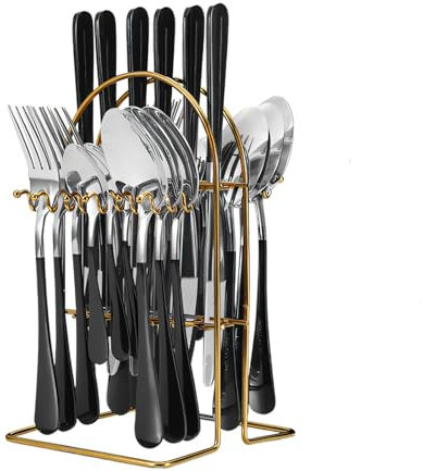 24PCS Flatware Set,Stainless Steel Tableware with Hanging,Silverware Cutlery Set for 6 Person, Mirror Polished Knives Forks Spoons for Wedding,Parties,Birthday,Restauroom (Silverblack)