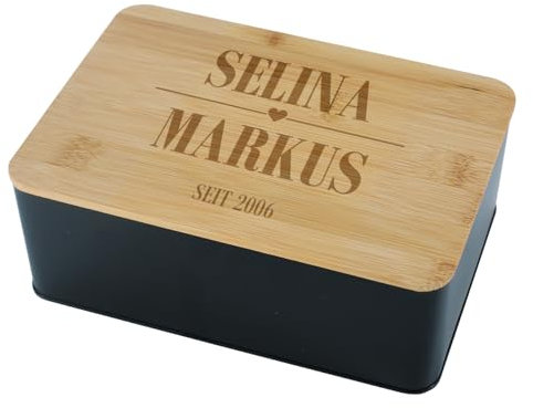 Herz & Heim® Aufbewahrungsdose mit Bambusdeckel und personalisierter Gravur (2 Namen & Datum)