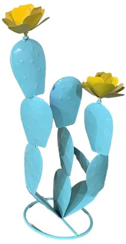 Yuattory Regalos ArtíSticos de JardíN de Cactus de Espinosa de Metal: DecoracióN del Desierto de Estatua de Cactus, Cactus de Metal con Flores, DecoracióN de Plantas de Metal Azul