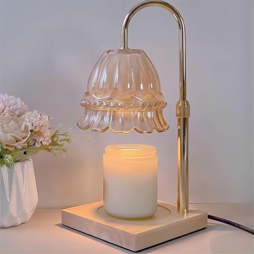 WARMCITY Glass Electric Candle Warmer Lamp Adjustable Height UK Plug, Large Wooden Base Wax Melt Lamp for Aroma Candles, Table Candle Warmer with Timer and Dimmer, Home Decor Gift (Flower)