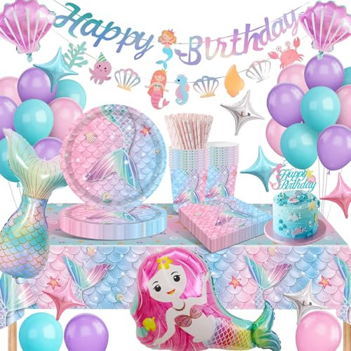 HLEIUKT Decoracion Cumpleaños Sirena Set, Juego de Vajilla de Sirena para Fiesta de Cumpleaños, Platos y Vasos para Sirena Cumpleaños, Fiesta Temática(16 Invitados)