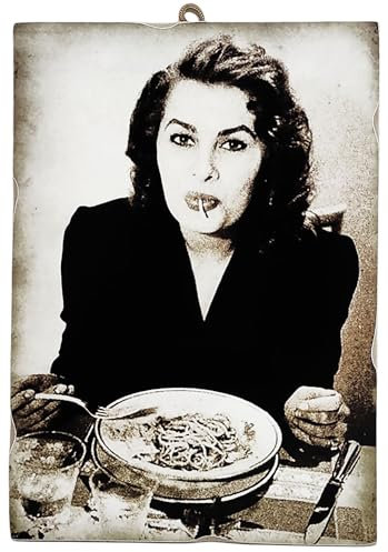 KUSTOM ART Wandbild, Serie Schauspieler Celebri Sophia Loren Mangia Spaghetti, Druck auf Holz, 25 x 18 cm.