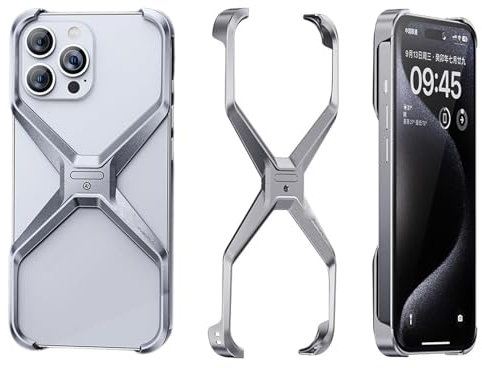 X Shape Anti-Fall Bare Phone Case, X Shaped Metal Frame for iPhone 15 14 13 Pro Max, Dissipate Heat Frameless Aluminum Alloy Anti-Fall Metal Corner Pad Case for iPhone (for iPhone 15 Pro Max,Silver)