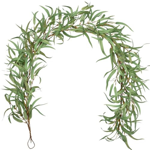 Arborus 180cm Eucalyptus Garland 6FT Artificial Foliage Garland Rustic Green Garlands Fake Hanging Plant Vine Faux Eucalyptus Willow Leaves for Wedding Party Stairs Table Home Decor