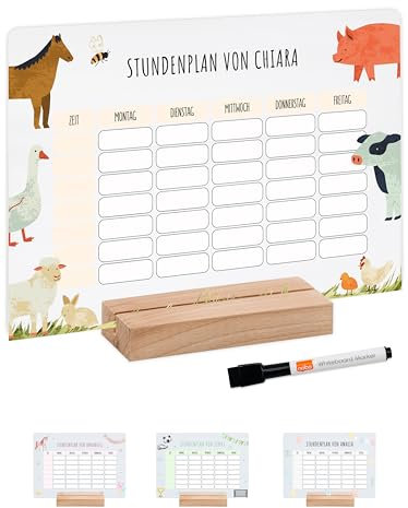Bärenfreunde® - Personalisierbarer & Abwaschbarer Stundenplan aus Acryl + Stift, Holzhalter - Einschulung Geschenk, Schultüte zum Schulanfang oder Grundschule (Bauernhof,mit Holzhalter)