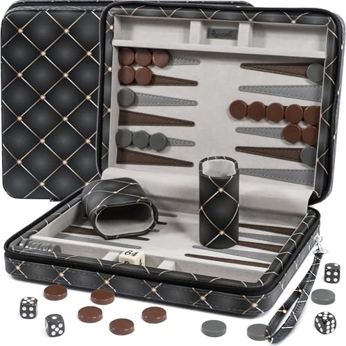 Magnetisches Reise-Backgammon-Set für Erwachsene – Hochwertiges PU-Leder Backgammon-Brettspiel für Erwachsene und Kinder – 24 cm Geschenk für Männer – Backgammons-Brett im PU-Leder-Etui