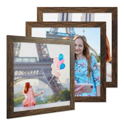 PHOTOLINI Bilderrahmen 30x30 cm MDF-Holz Eiche Dunkel, breite Rahmen, 3er Set, modern, bruchsicheres Acrylglas, zum Aufhängen, extra Zubehör - für Ihre stilvolle Wanddekoration