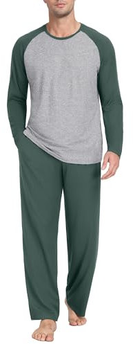 PrinStory Mens Pyjamas Set Long Sleeve T Shirt And Longue Pants With Pockets Soft Men's Nightwear Crew Neck Sleepwear Pjs Sets (Green, L)