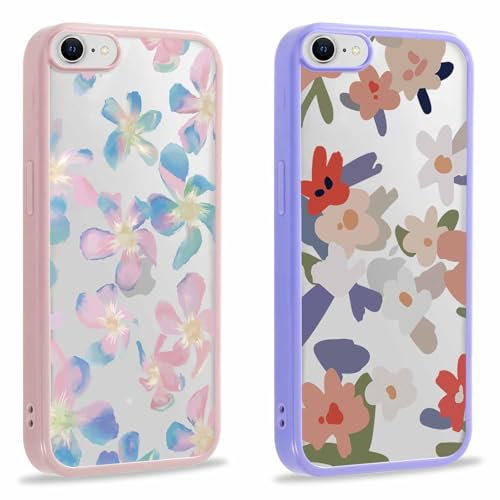 Kueqeay 2 Pièces Coque pour iPhone 7/8/iPhone SE 2022/2020 4,7'' Étui, Aesthetic Fleur Motif Design Rose Violet Acrylic Back Cover Housse TPU Souple Case Antichoc Bumper Protection Complète Cover, 02