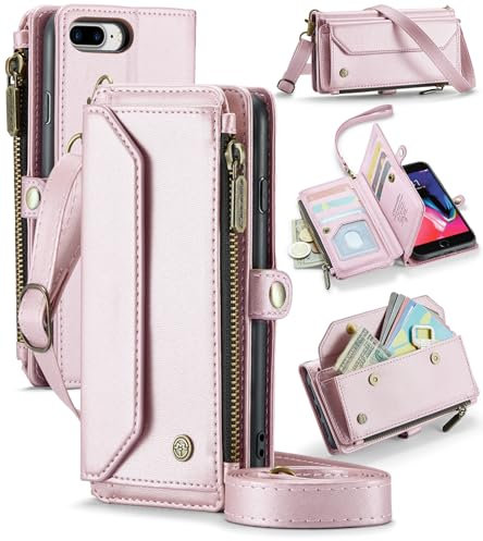 For iPhone 6 Plus/7 Plus, for iPhone 8 Plus Case, Crossbody Wallet Phone Case with RFID Blocking Kickstand Anti-Drop Wireless Charging Card Slots, PU Leather Shoulder Bag Clutch Adjustable Strap, Pink