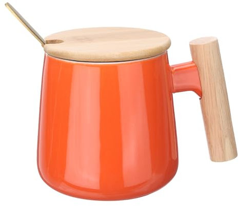 sourcing map Ceramic Coffee Mug 12.85 Oz Simple Wooden Handle Large Tea Cup Handmade Ceramic Mugs Gift Set with Lid and Spoon for Office Kitchen Home and Gifts for Women and Men, Orange
