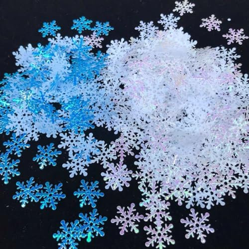 WANYI 600 Stück Schneeflocken Deko Glitzer Konfetti Streudeko Tischdeko Kleine Schneeflocke für Hochzeit Geburtstags Weihnachten Deko(weiß*300 Stk-1.5cm+Blau*300 Stk-1.5cm)