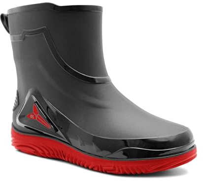IMTY Mens Short Ankle Boot Wellies Waterproof Mid Calf Slip On Rain Boot Snow Farm Gardening Outdoor Festival Wellington Boots (Black/Red, UK Footwear Size System, Adult, Men, Numeric, Medium, 8)