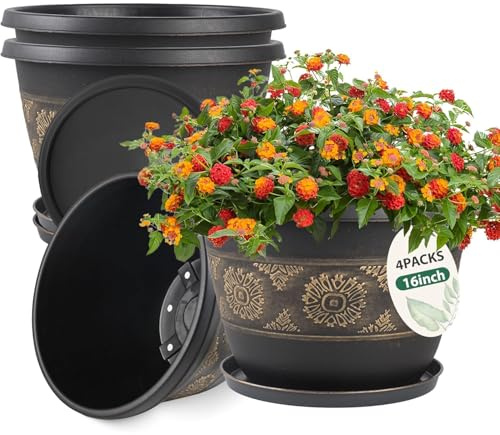 Usocik 4 Pack 16 inch Plant Pots, Retro Pattern Planters with Drainage Holes and Saucer, Sturdy Plastic Garden Flower Pots for Indoor & Outdoor Plants Gold