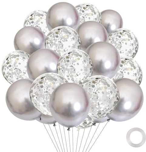 Luftballons Silber, 30 Stk 12 Zoll Konfetti Ballons Silber, Metallic Silber Helium Ballon Silberhochzeit Deko, Luftballons Geburtstag für Babyparty, Neujahr, Graduierung, Jubiläum Deko Silberhochzeit