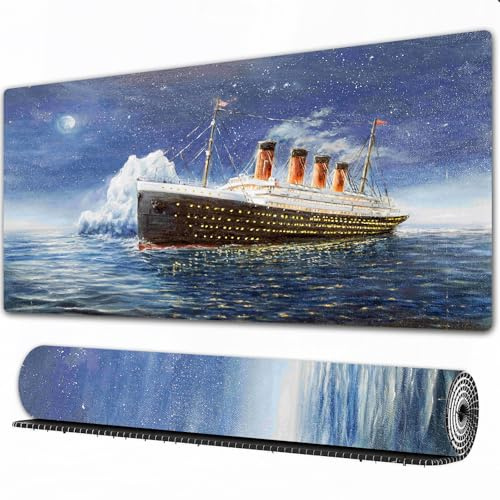 FEHWI Mauspad 80×30 cm Verlängertes großes Mauspad Schreibtischauflage,Originales Ölgemälde von Titanic und Eisberg im Ozean bei Nacht auf Leinwan,genähte Kanten Gaming Mauspad,rutschfeste Gummibasis