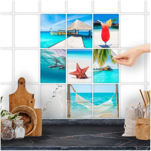 FoLIESEN Fliesenaufkleber für Bad, Küche, Badezimmer - Fliesen-Folie selbstklebend - Deko-Aufkleber - Strandidylle, .:15x20 cm - 9-tlg.