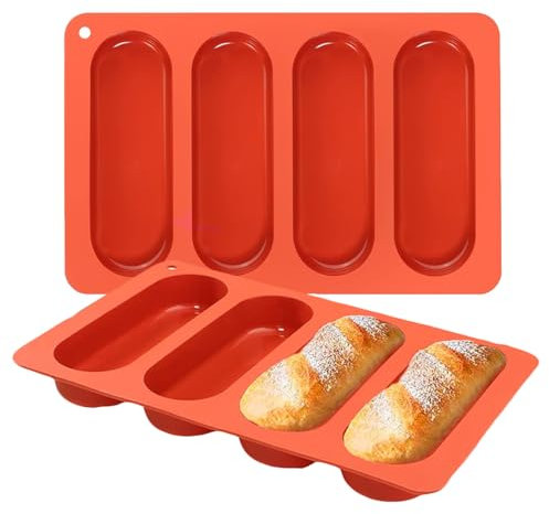 LIFTATAPA Hot Dog Bun Pan, 2 Pack SIlicone Hotdog Bun Molds, 4 Cup Nonstick Hotdog Bun Baking Pans Mini Baguette Sandwich Baking Tray for Hot Dog Bun Rolls Cake