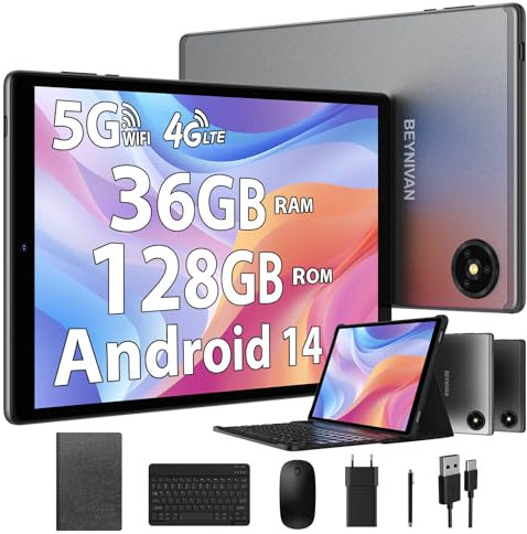 BEYNIVAN Tablet 10 Pollici con 4G LTE e 5G WiFi,Android 14 Tablet in offerta con sim,36GB RAM 128GB ROM,8000mAh,1920x1200 incell,volto ID,tab con Tastiera e Mouse + custodia,Grigio