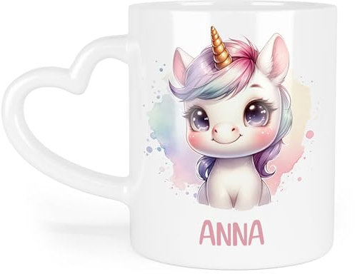 Kindertasse mit Namen Personalisiert, Personalisierte Tasse Kinder mit Einhorn, Namenstasse Einhorntasse, Kinderbecher als Geschenk zur Taufe, Geburt Weihnachten - Tasse Herz