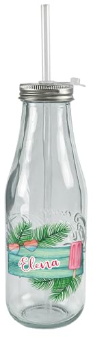 Herz & Heim® Personalisierte Coca-Cola Glasflasche im Retrodesign mit Strohhalm – 550 ml – Trinkflasche mit Name – handgemacht aus recyceltem Glas – Schraubverschluss aus Metall (Urlaub)