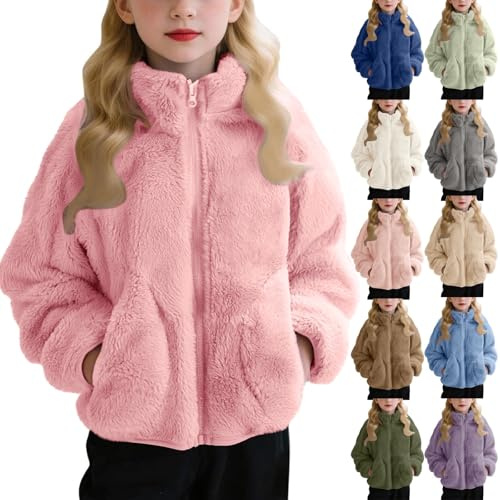 Teens Girls Sherpa Fleece Jacket Fuzzy Plush School Jackets Pockets Mock Neck Zip Up Autumn Winter Warm Furry Coat Plain Long Sleeve Hoodies