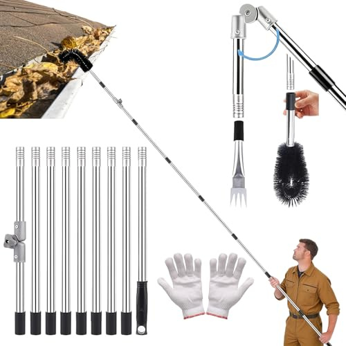 Gutter Cleaning Tools, 4M Telescopic Roof Gutter Cleaning Tools Kit | with Gutter Brush & Gutter Rake, Length and curvature Adjustable Gutter Cleaning Pole, Portable Roof Cleaning Tool