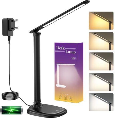 KQPZ Schreibtischlampe, 4000mAh LED Tischlampe Akku mit USB-Aufladung, Augenschutz Nachttischlampe mit 5 Farben & Stufenloses Dimmen, Timer, Touch Steuerung, für Kinder, Schlafzimmer, Lektüre, Büros